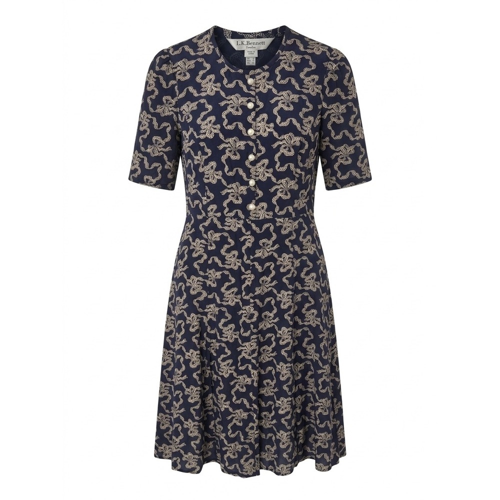 LK Bennett Montana Navy Blue Silk Bow Print Pearl Button Midi Tea Dress US 12